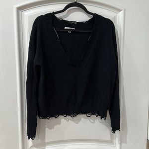 Wild Honey black distressed knit v-neck sweater size L